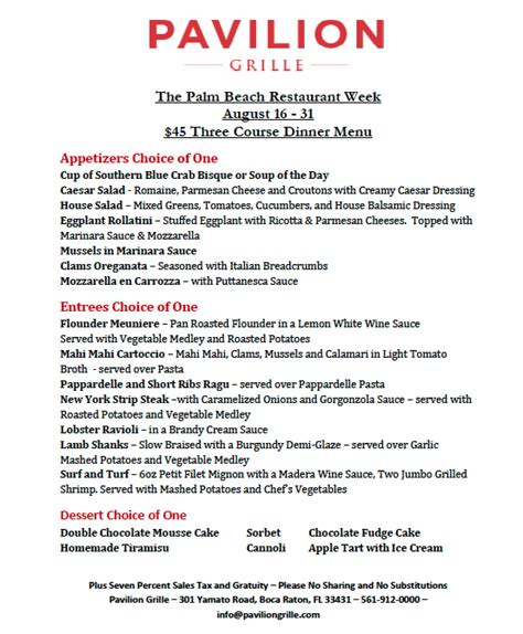 Pavilion At the Village Square Menu, Menu for Pavilion At the .